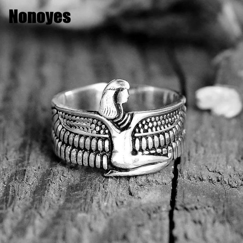 Silver Color Egyptian Ring Isis Goddess Kneeling with Spread Wings Ring for Women Trendy Party 2022 New Anniversary Jewelry Gift