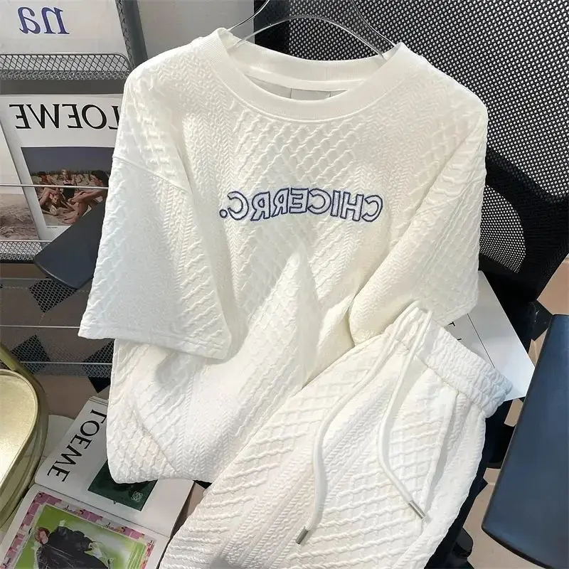 

Летний костюм с шортами с коротким рукавом, женская летняя свободная Спортивная футболка из двух предметов