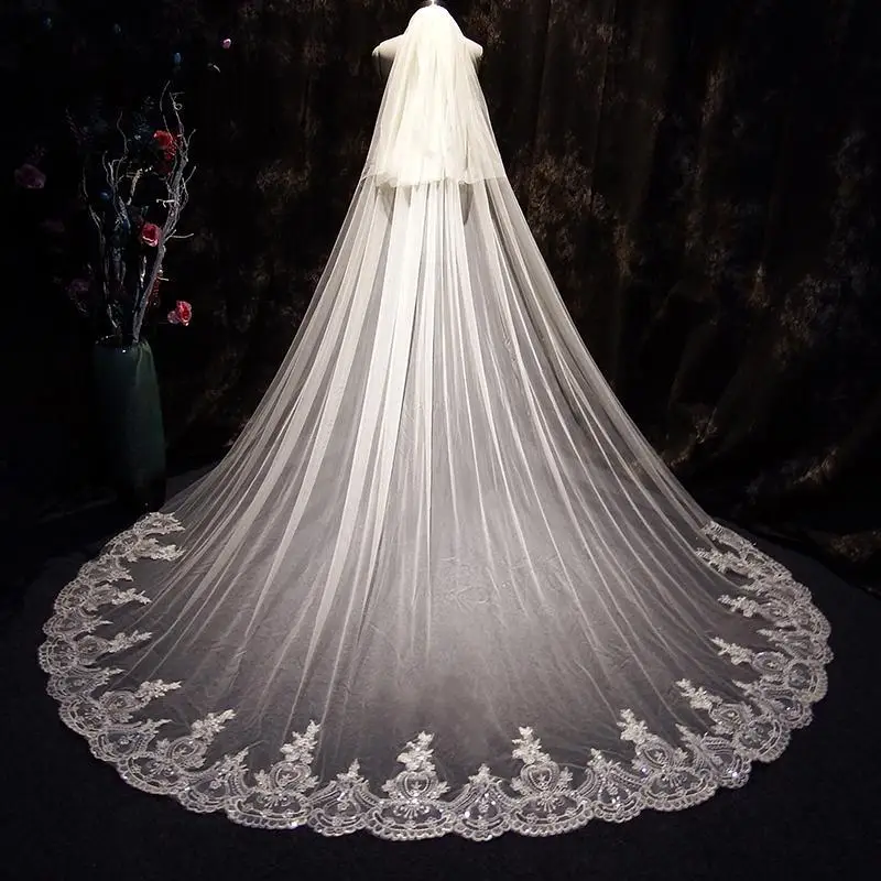 

Bridal Veils 3 Meters Long Full Lace Edge Sequins Wedding Veil Two Layers Champagne Tulle With Comb Veu De Noiva Longo Vail