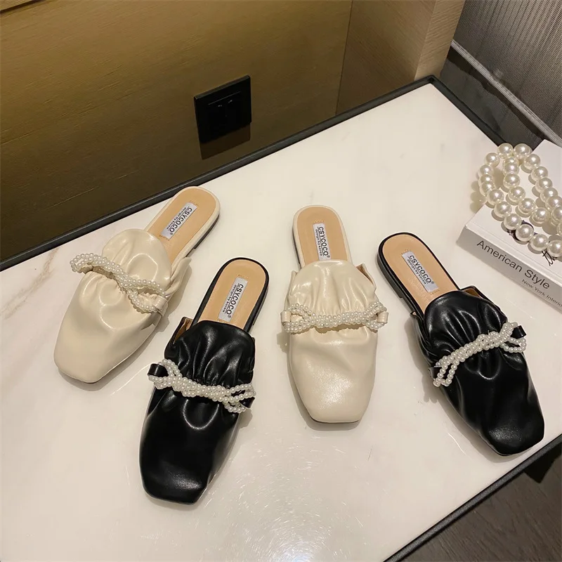 

Flat Shoes Female Slippers Casual String Bead Cover Toe Low Slipers Women Slides Luxury Soft 2022 Basic Spring Fabric Leisure PU