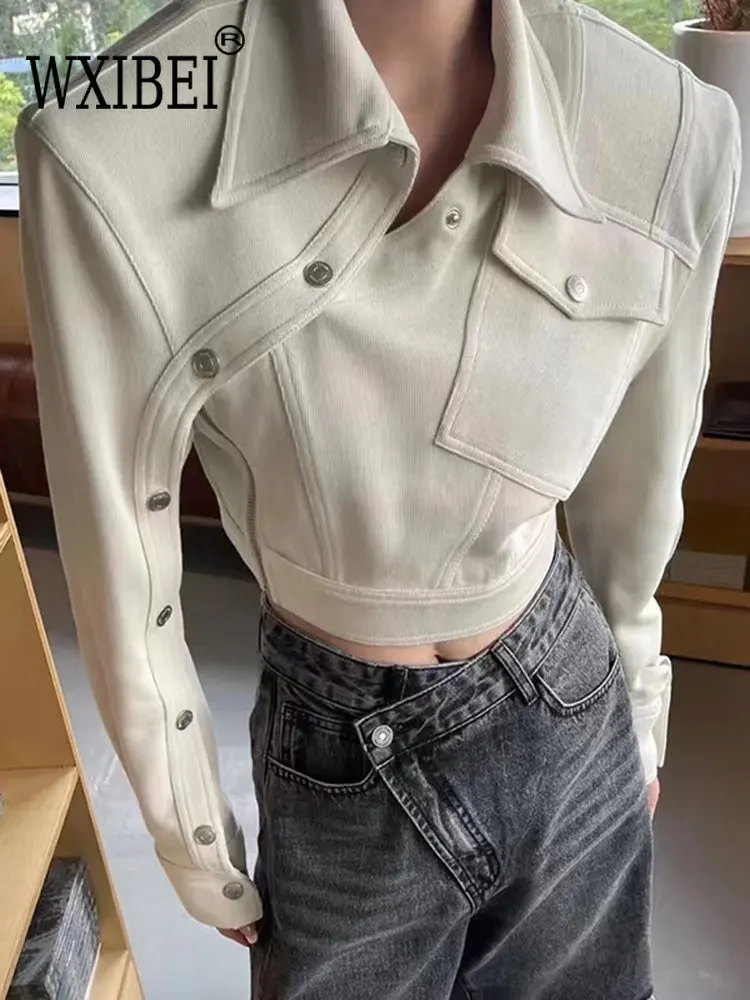 

WXIBEI Patchwork Irregular Jacket For Women Lapel Long Sleeve Pockets Solid Jackets Female Clothing Fashion New 2022 Style FC091