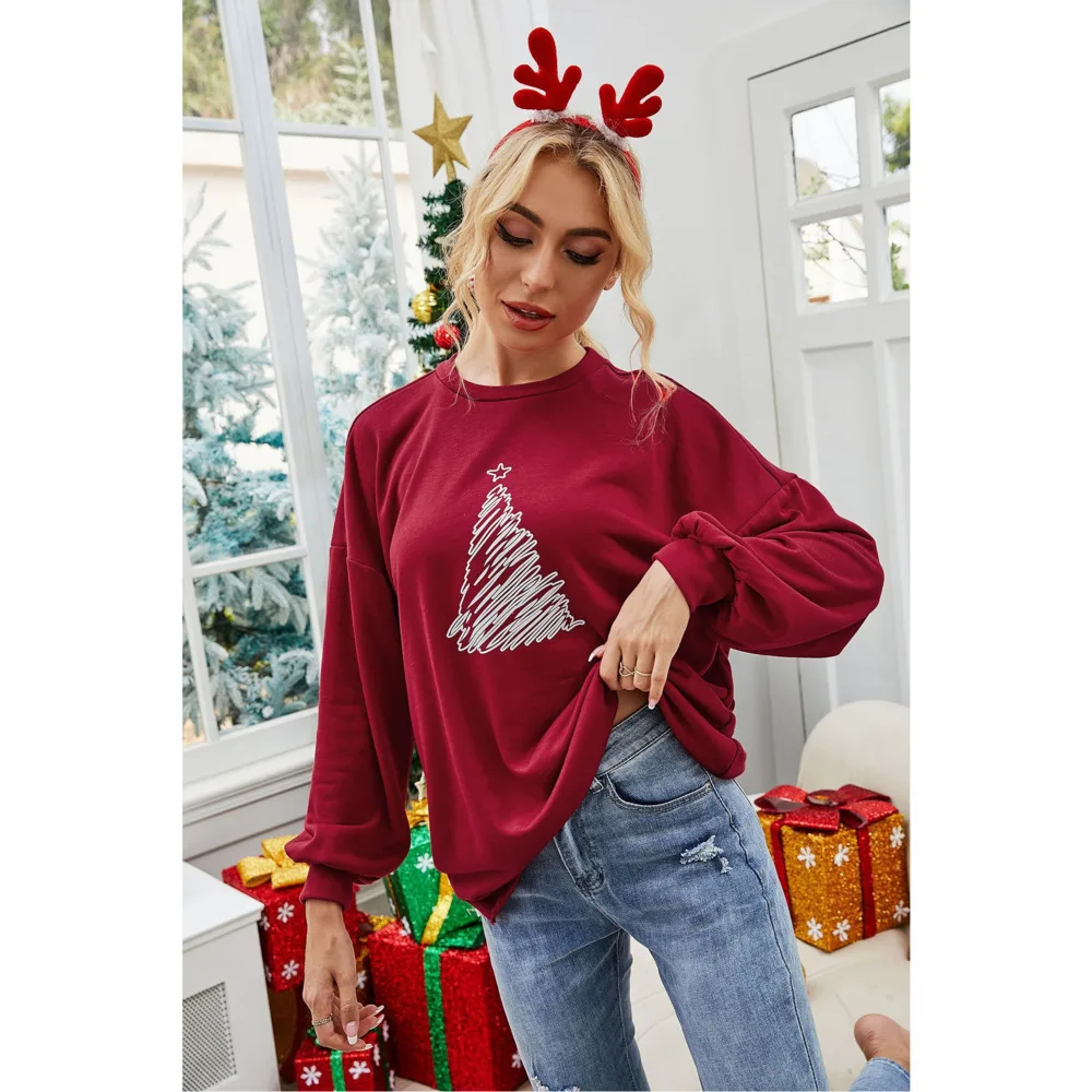 

2022 Christmas tree loose long sleeve round neck printed women's blouse wine red medium long sweater