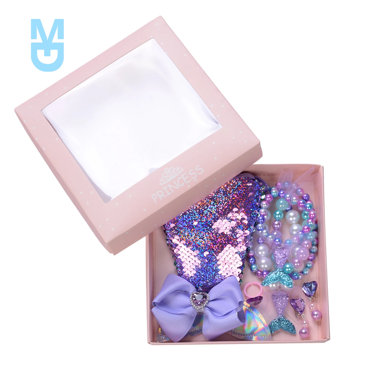 

New Little Girls Party Favors Set Glitter Sequin Purse + Necklace + Bracelet + Hair Clips + Ring + Earrings Set for Toddler Kids