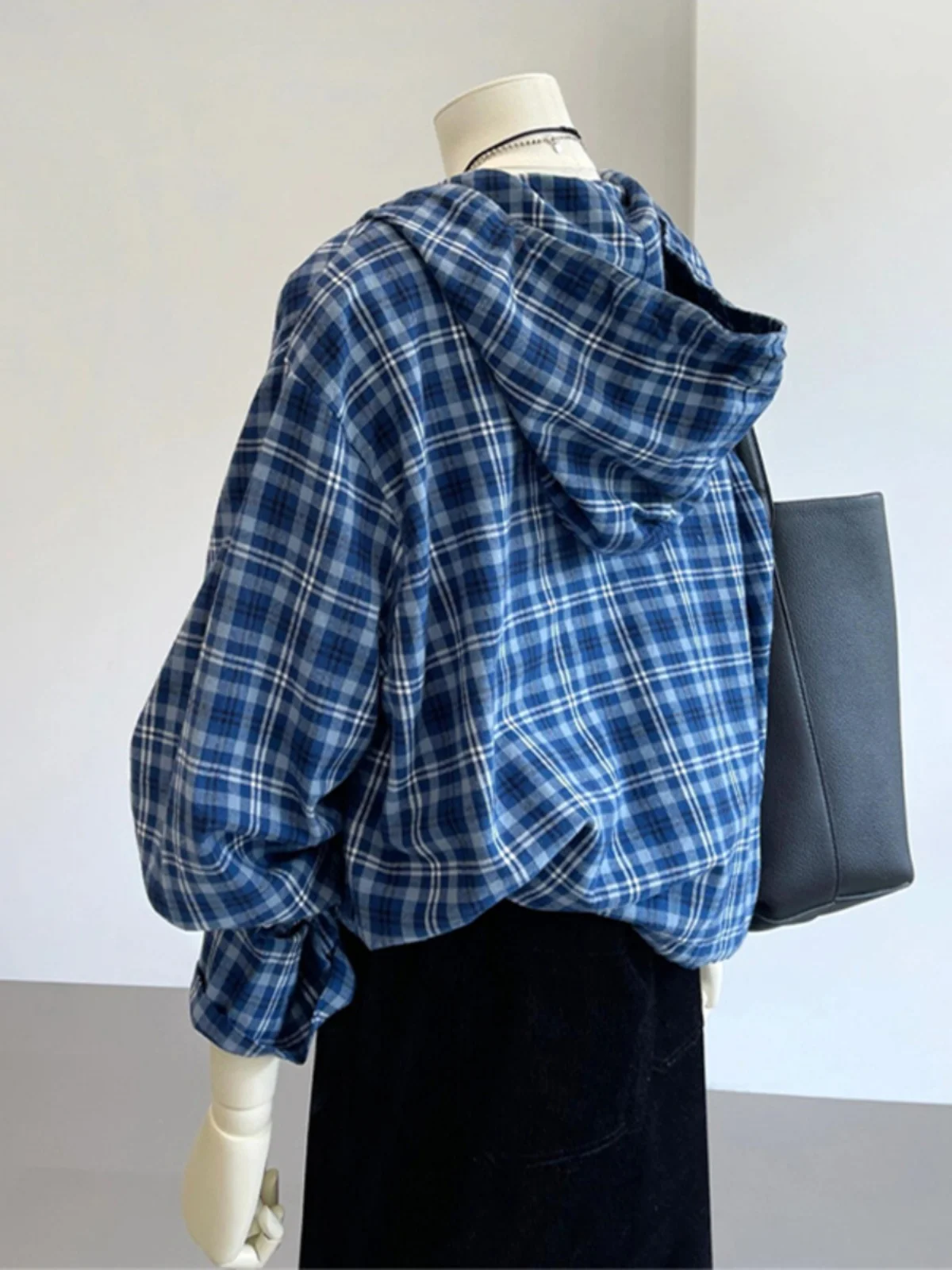 KK · Studio Selected Recommend ~ Blue Plaid Shirts Hoodie Women Early Autumn Drawstring Waist Hugging Top
