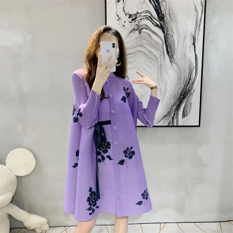 Miyake pleated loose dress 2022 spring new casual temperament women's printed single-breasted jacket