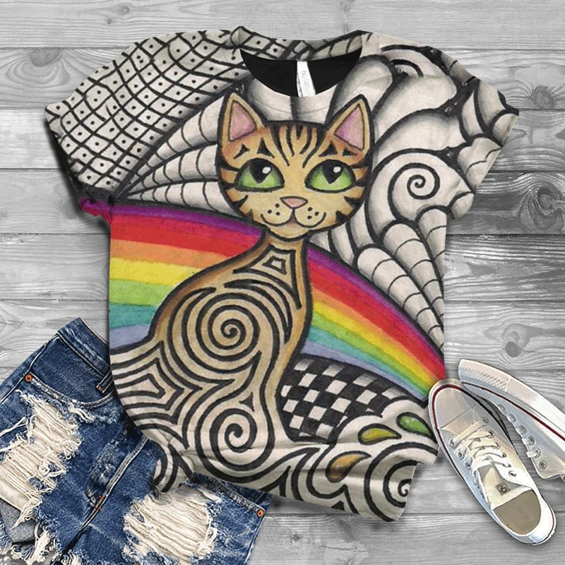 

2022 summer short-sleeved original house cat print women's T-shirt fresh and cute retro casual top wide T-shirt