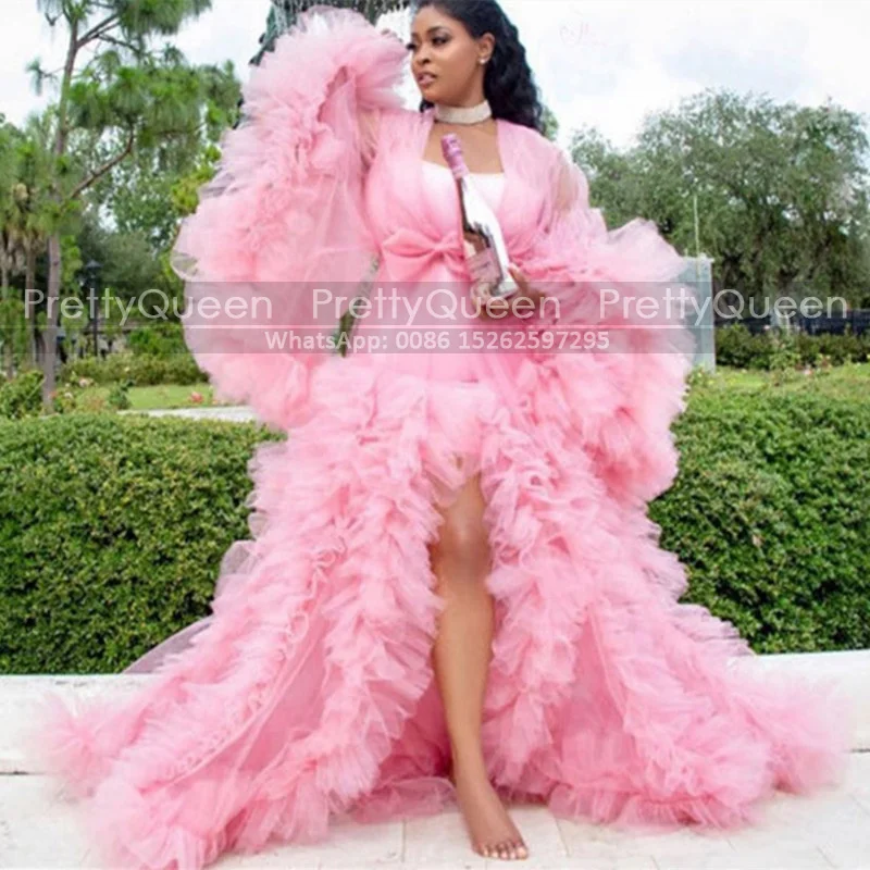 

Pink Cascading Ruffles A Line Wedding Dress Bride Robes Tulle Sweep Train Long Bishop Sleeves Nightwear Dresses Bridal Shower