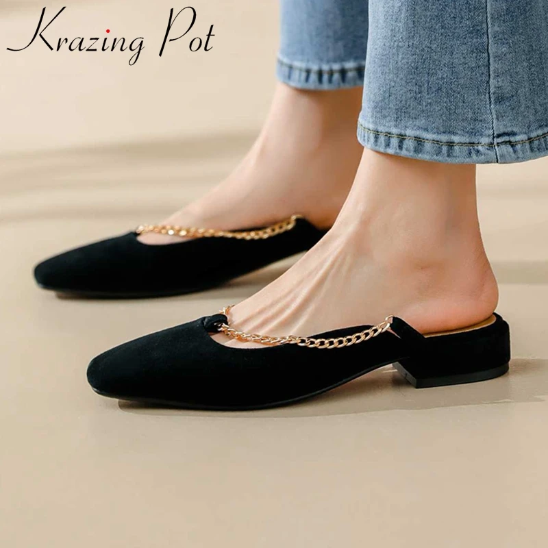 

Krazing Pot sheep suede square toe med heel slip on mules chain decorations young lady daily wear high quality women pumps L89