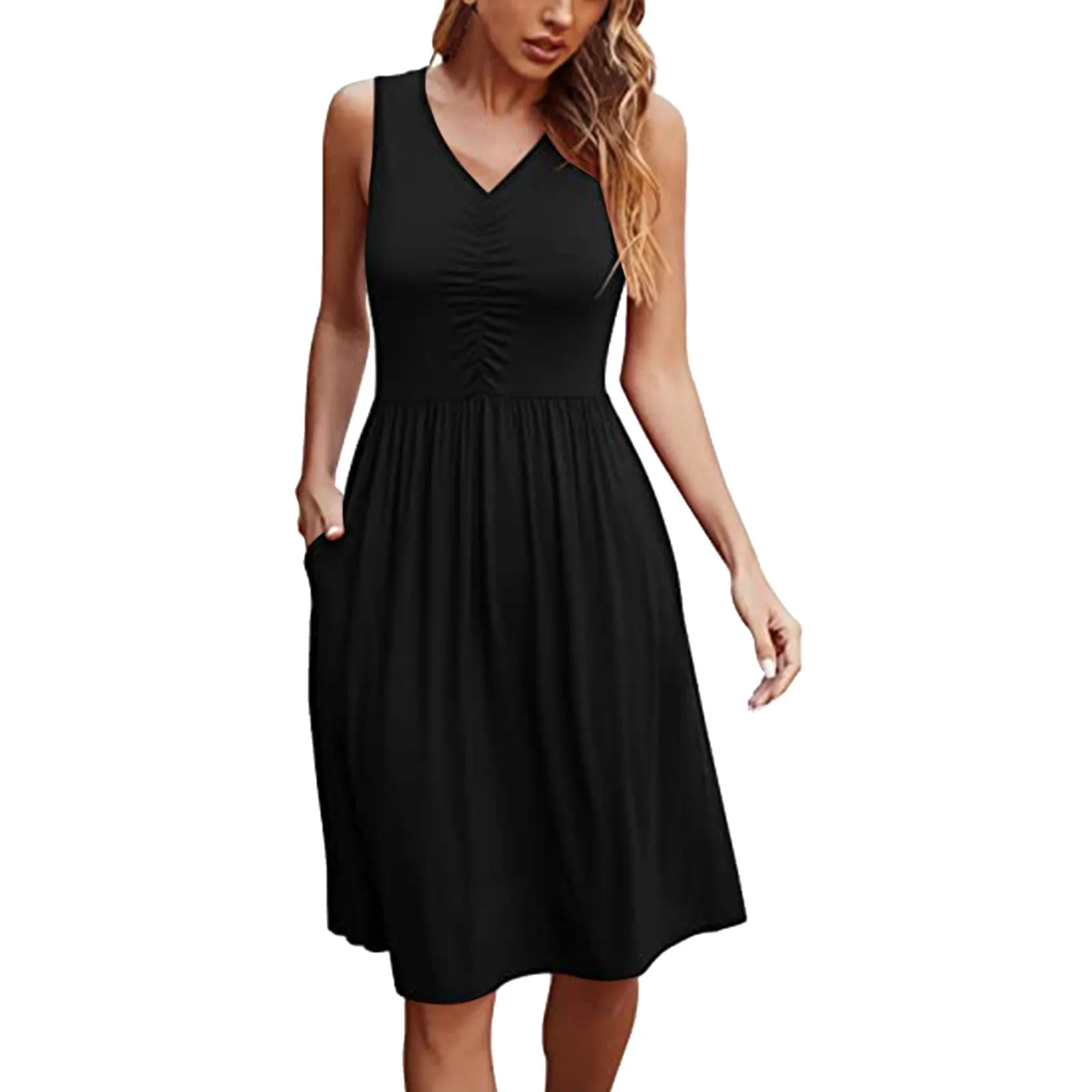 

Summer Casual Solid Sleeveless Tank Dress 2022 Women Knee Length V Neck Basic Pocket Vest Dresses Ladies Holiday Beach Dress