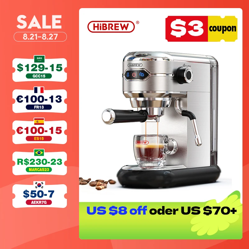 HiBREW Coffee Maker Cafetera 19 Bar Inox Semi Automatic Super Slim ESE POD& Powder Espresso Cappuccino Machine Hot Water H11