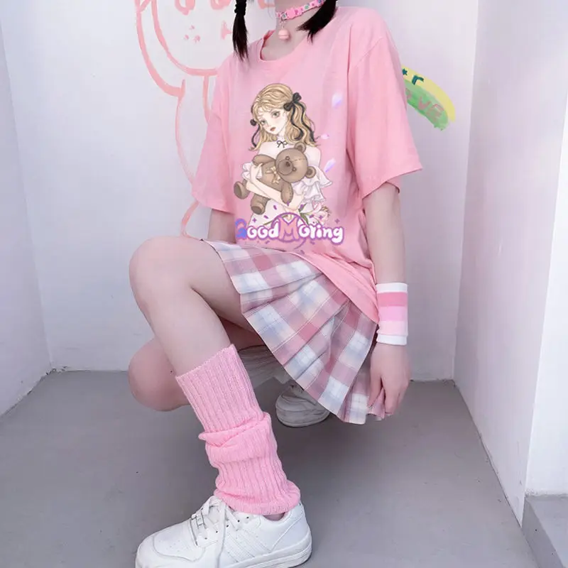 

MINGLIUSILI кавайная футболка для женщин Весна 2022 пин мультфильм Графика футболка с коротким рукавом милый японский Повседневный свободный черн...