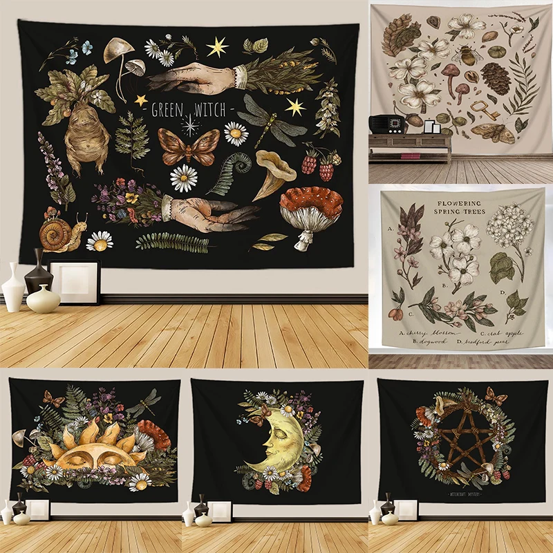 

Mystery Vintage Tarot Mushroom Tapestry Wall Hanging Witch Hand Mural Botanical Butterfly Sun and Moon Hippie Aesthetic Tapestry