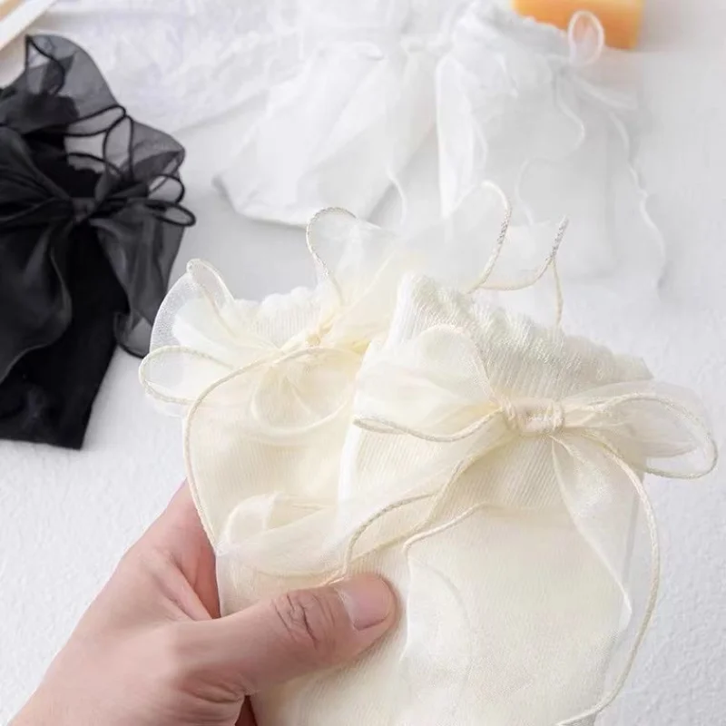 Bow Socks for Girls Japanese Style White Lace Lolita Socks Women's Mid-Calf Cute Ruffle Frilly Ankle Socks Dress Calcetin Medias