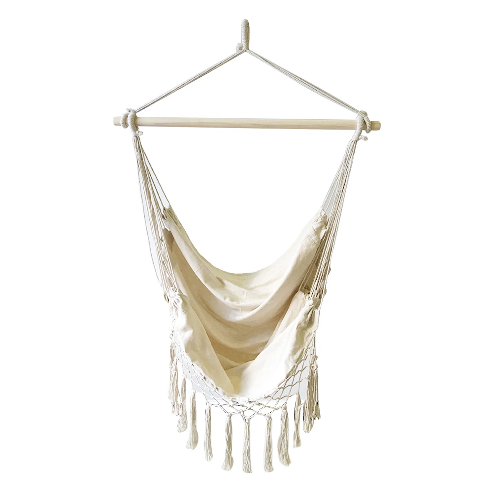 

Safety Beige Hammock Bohemia Style Cotton Rope Net Chair Hanger Portable Outdoor Indoor Garden Bedroom Tassels Seat