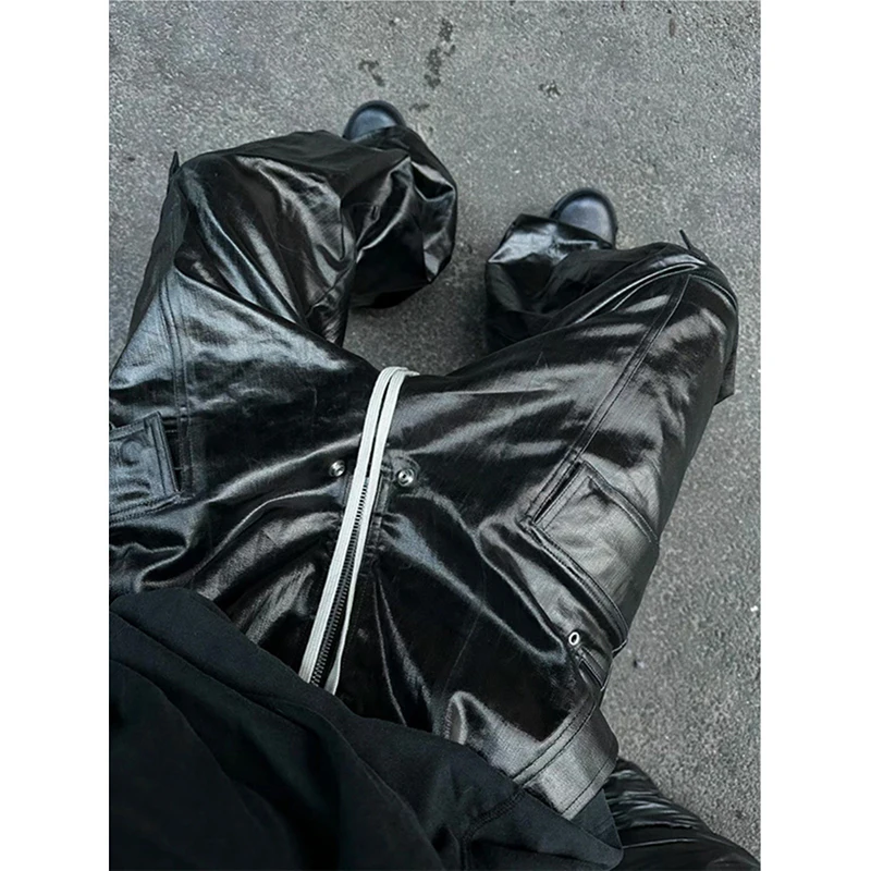 [BOMP] Свободный крой вощеные глянцевые рабочие брюки с несколькими карманами в