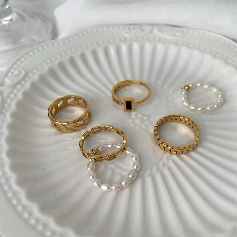 

Minar 6 Designs Minimalist Twisted Rope Chunky Chain Rings for Women Gold Color Alloy Irregular Pearl Linked Charm Rings Gifts