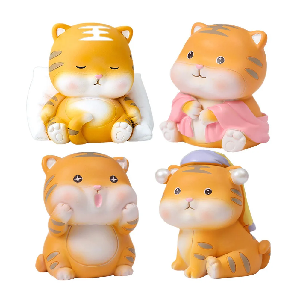 

4Pcs Cartoon Tiger Decor Resin Tiger Adornment Lovely Desktop Ornament