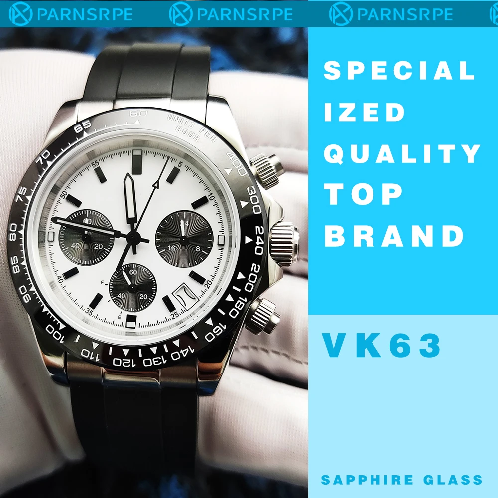 Japan Chronograph VK63 Quartz Movement 39MM Aseptic Dial Luminous Sapphire Glass Water Resistant Case Bracelet