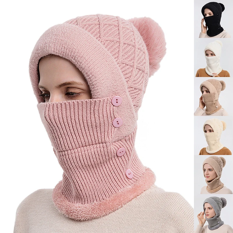 

Winter Fashion Windproof Hat Scarf Cycling Integrated Women's Warm Knitted Hat Plush Pullover Autumn Hat Ear Protection 2023
