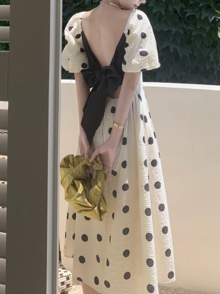 Женское Элегантное повседневное платье миди в горошек, вечерние кательное праздничное платье-трапеция с открытой спиной, женская модная ве...