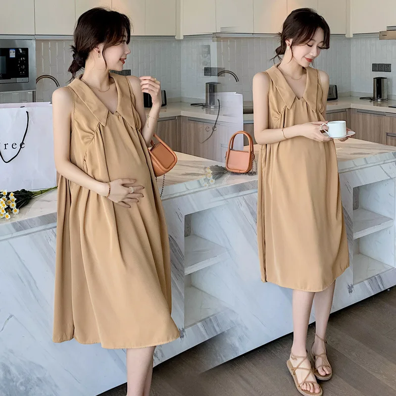 

Women Summer Khaki Vneck Dress Vintage Sleeveless Long Tank Dress Loose Waistline Large Hem Midi Sundress Maternity Casual Dress