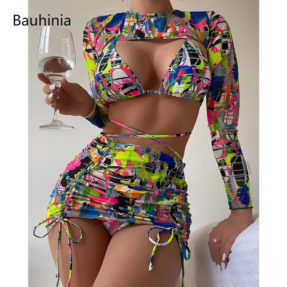 

Bauhinia Newest Sexy Push Up Bikinis 4 Pieces Set Long Sleeves Swimwear Women Lace Up Triangle Bathing Suit Brazilian Biquini