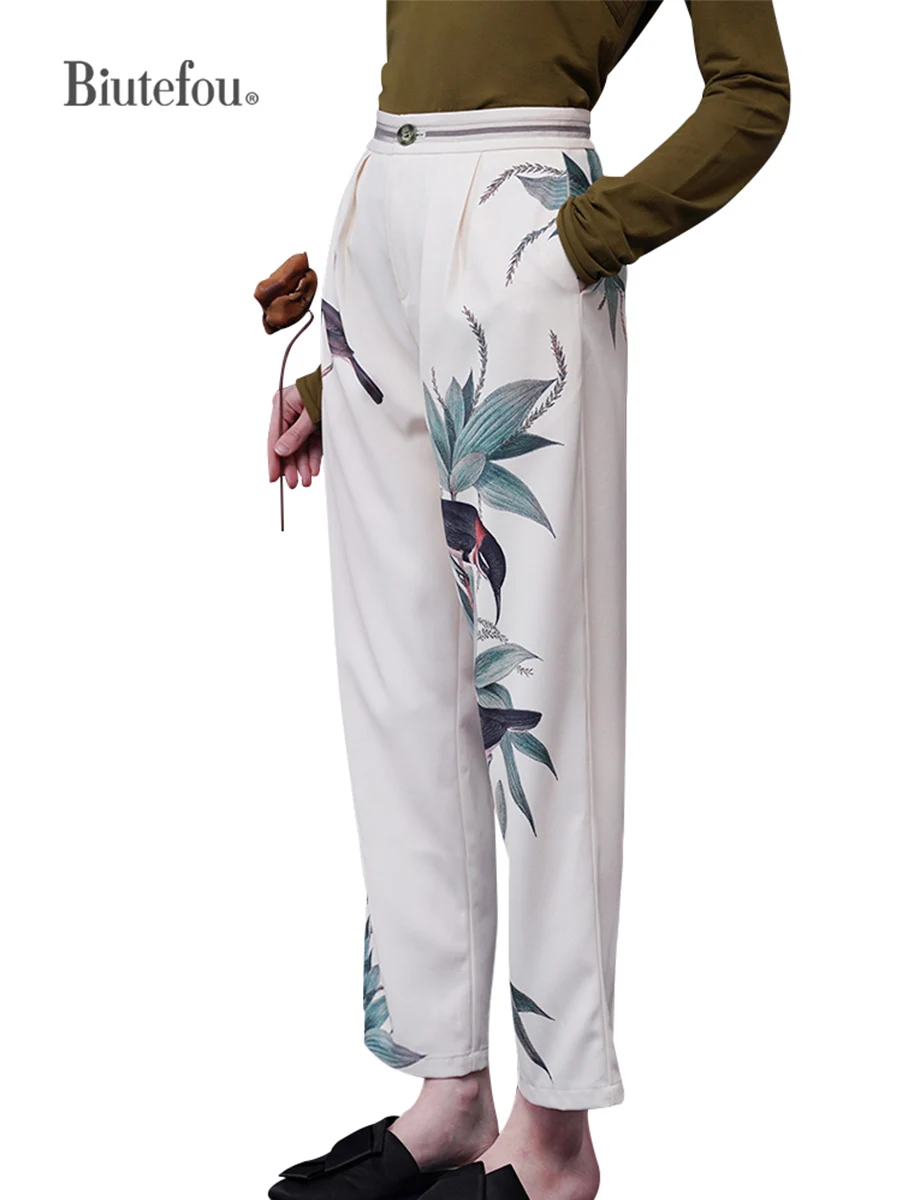 2022 Autumn Women Branch Magpie Exquisite Hand-Painted High Waist Straight Pants