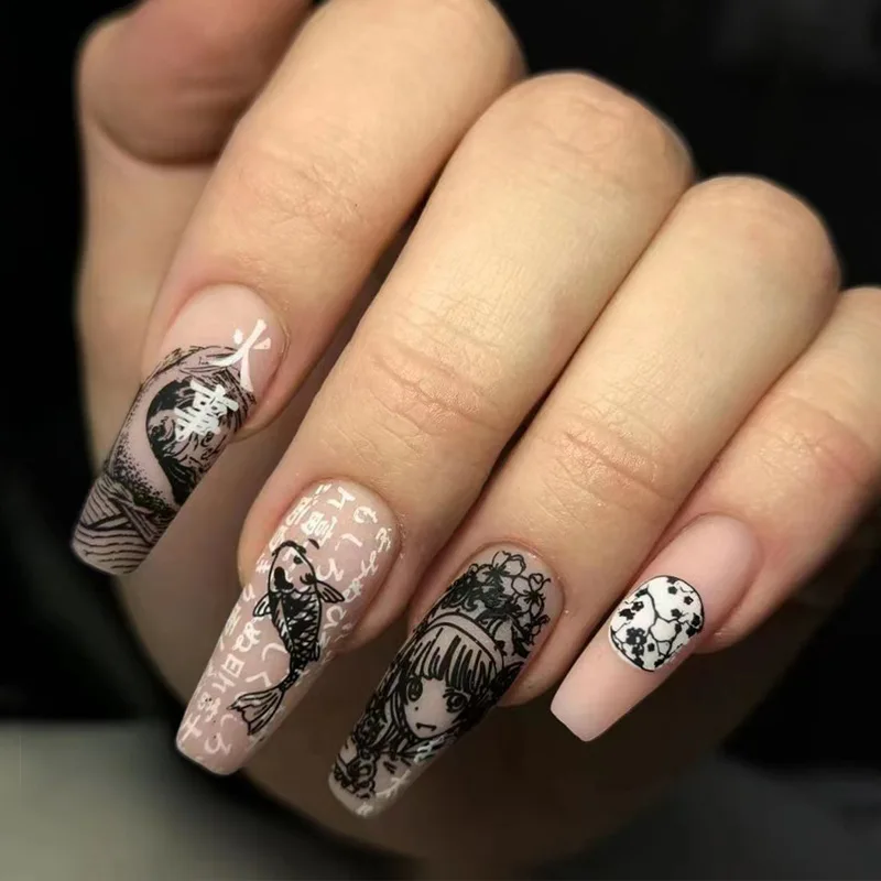 

Sea Wave Carp Japanese Style Doodle False Nails Detachable Nude Pink Long Coffin Fake Nails with Glue Full Cover Press on Nails