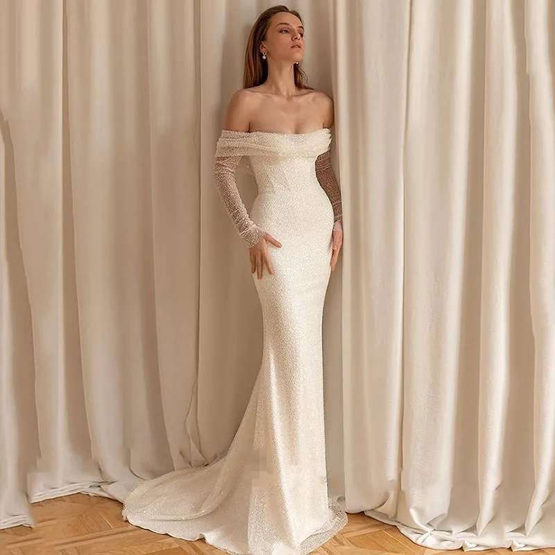

Sexy Spark White Mermaid Evening Formal Dress 2022 Off Shoulder Long Sleeves Sequin Prom Bridal Gowns Vestidos De Festa
