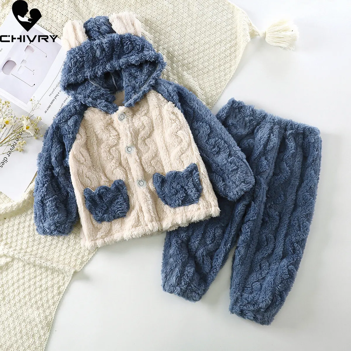 

New 2022 Autumn Winter Kids Thick Warm Flannel Pajama Sets Baby Boys Girls Hooded Long Sleeve Lapel Clothing Sleepwear Pyjamas