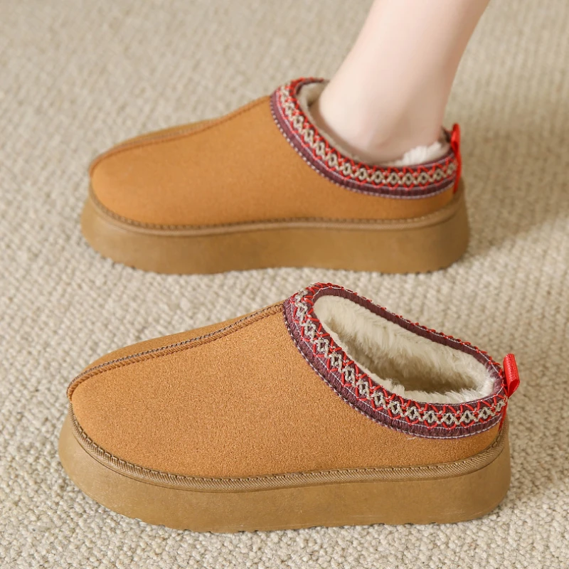 

Women Ankle Snow Boots Winter 2023 New Brand Fur Short Plush Warm Flat Slippers Platform Suede Luxury Botas Sewing Ladies Shoes
