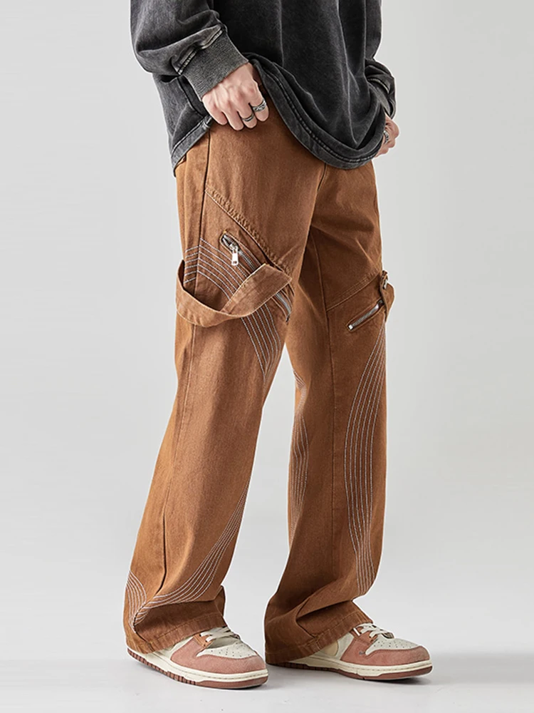 Vibe Style Belt Zipper Baggy Pants Men Cargo Wide Jeans Pants Y2K Clothes Straight Hip Hop Denim Trousers Pantalones Hombre 4XL