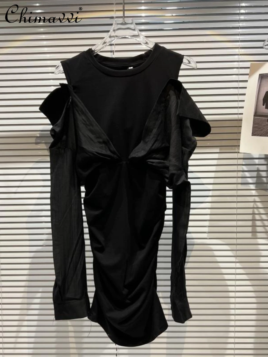 

2022 Summer New Fashion Sexy Off-the-Shoulder Stitching Sleeves Stretch Slim Dress Short Elegant Pleated T-shirt Dress for Women