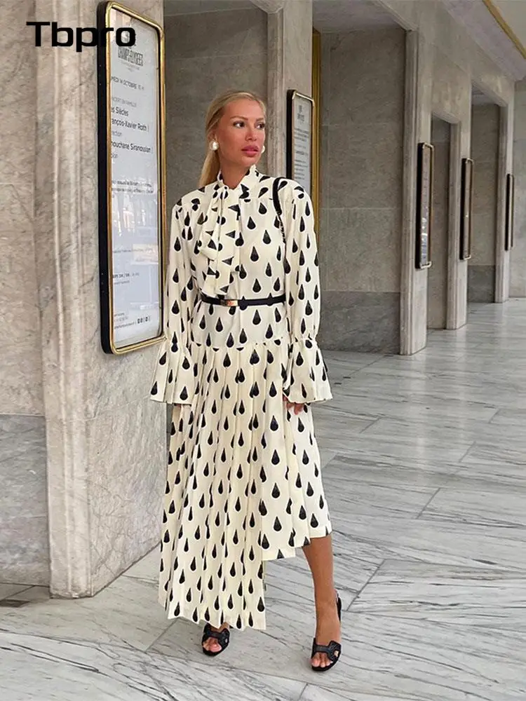 

Элегантное модное платье миди со шнуровкой и бантом, повседневные свободные платья с расклешенными рукавами, модель 2023 года, осень/зима, женская модель, уличная одежда