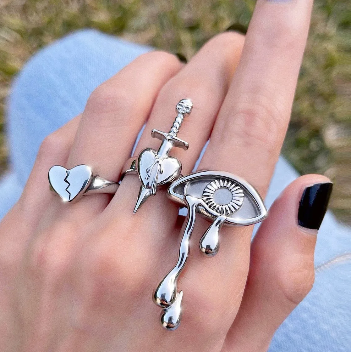 

New Set Love Teary Eyes Ring Women Niche Joint Men's Ring Set 3 Pieces Trendy Section Gothic Style Ring