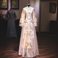Vintage Champagne Embroidery Cheongsam New Wedding Chinese Bride Mandarin Collar Gown Toast Dresses