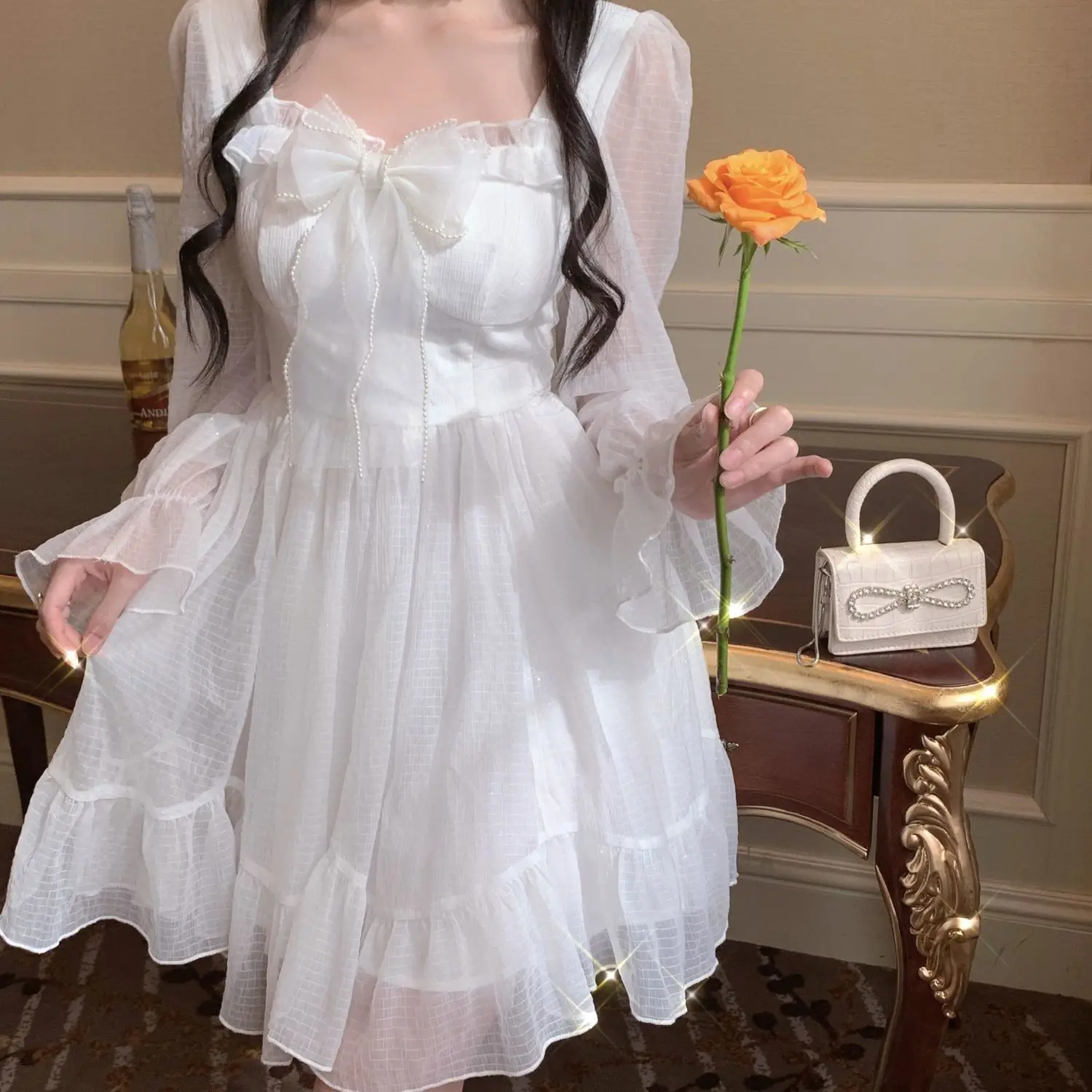 

White French Sweet First Love Fairy Dress 2022 Kawaii Bow High Waist Princess Midi Dress Long Sleeve Dress Vestidos De Mujer