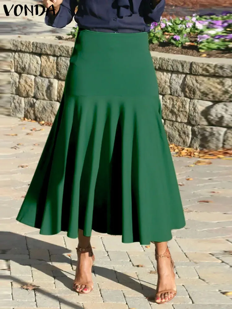 

Summer High Waist Skirts VONDA 2023 Elegant Women Casual Loose Pleated Party Skirt Fashion Solid Color Streetwear Midi Bottoms