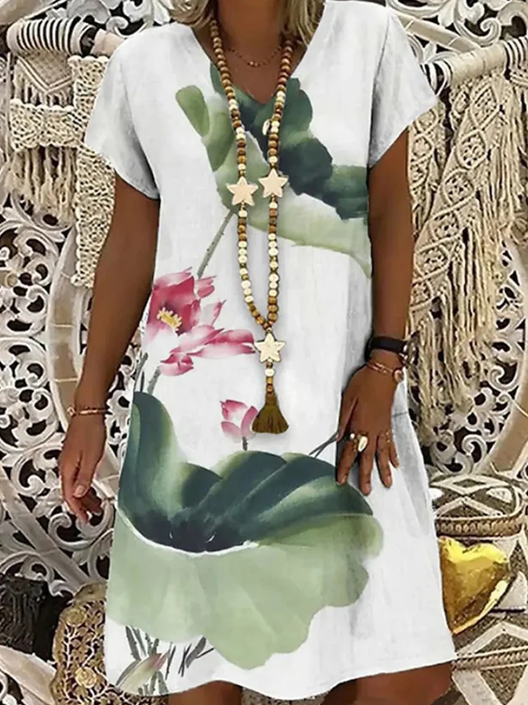 

Women V-neck Printed Short Sleeve Summer Dress Sundress Lady Loose Waist Pullover Dress Floral Mini Streetwear Commuting Dress