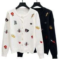 korean 2022 new fashion cardigan women flower bee embroidery knitted cardigans sweater long sleeve tops cute coat spring jacket