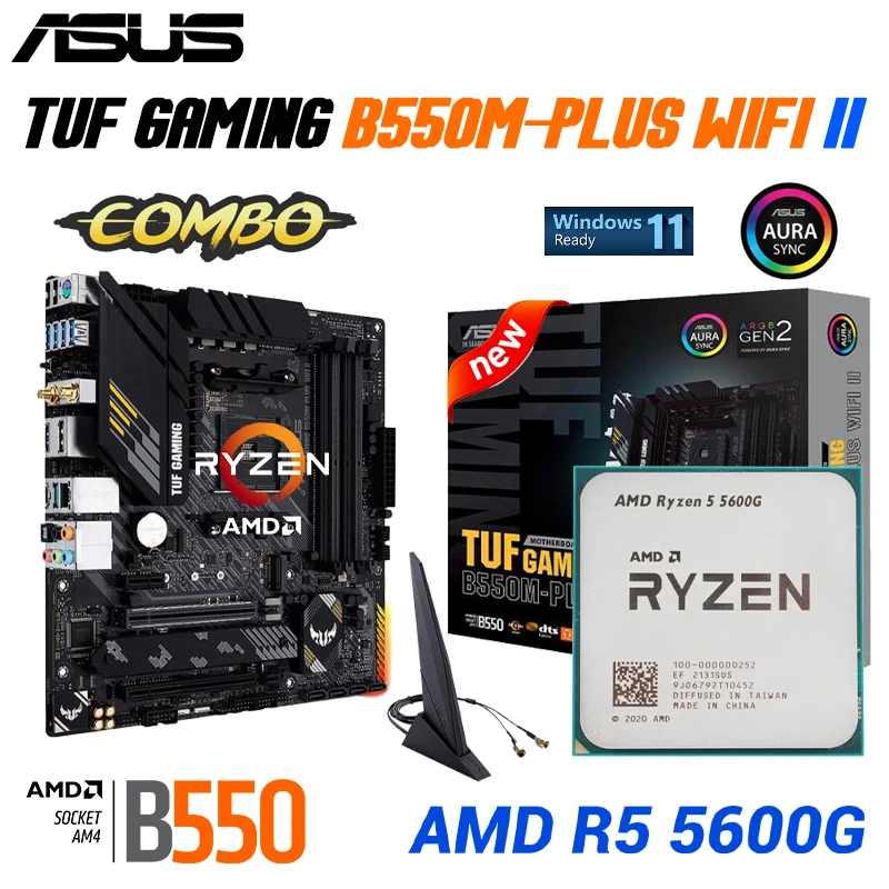 

ASUS New TUF B550M PLUS WIFI II Motherboard+AMD New Ryzen 5 5600G Socket AM4 3.9GHz Six-Core CPU Processor Micro-ATX B550M 128G