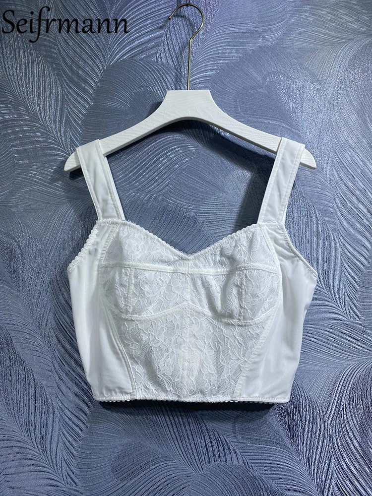 

Seifrmann High Quality Summer Women Fashion Runway Cotton Camisole Sexy Spaghetti Strap Lace Trim White Printed Short Tank Tops