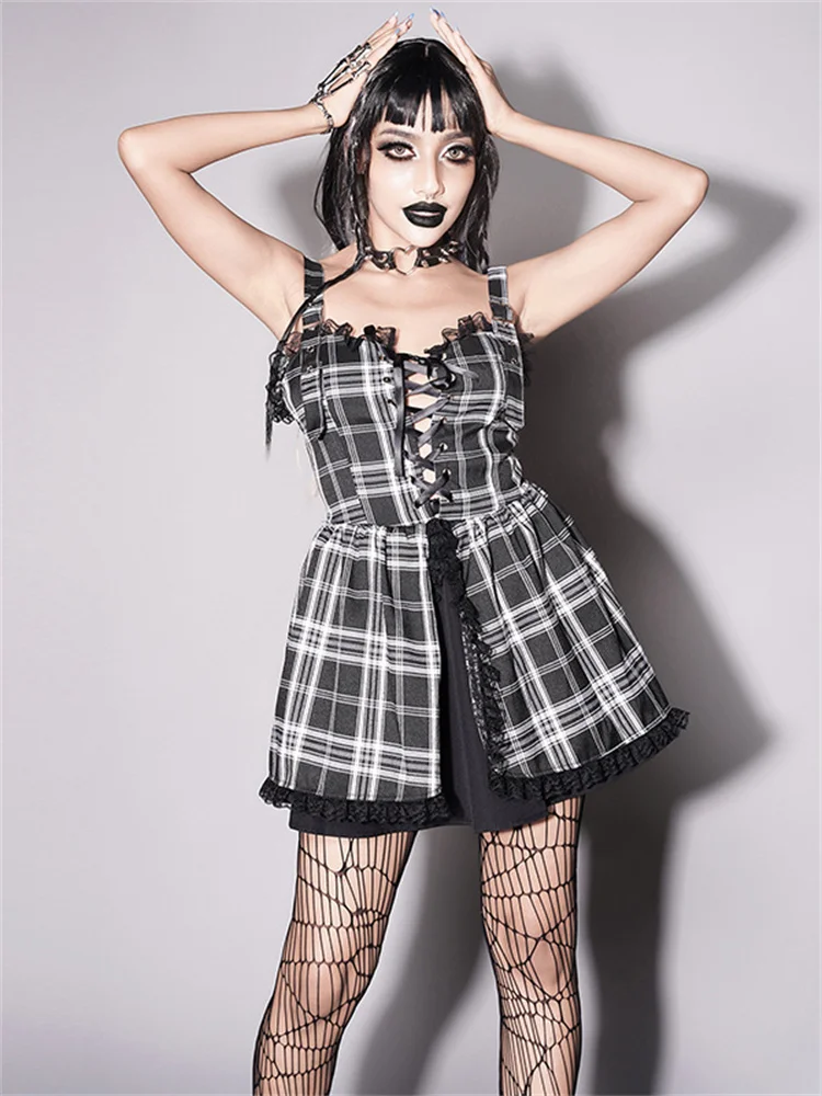 

2023 New Vintage Fairycore Gothic Lolita Dress Women Goth Dark Lace Patchwork Bandage Corset Dress Elegant Y2k Emo Alt Partywear