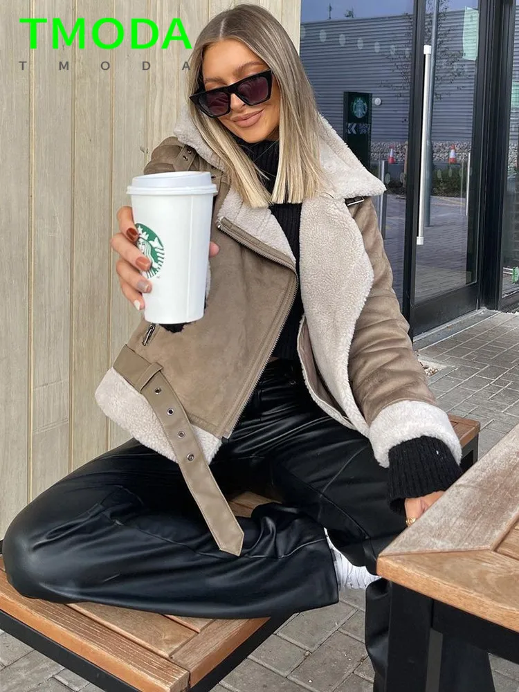 T MODA 2022 зимние женские Куртки из искусственной овчины искусственная кожа толстые