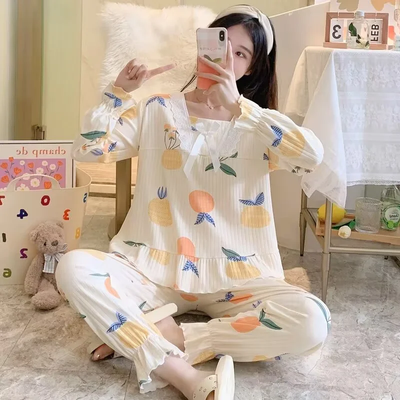 Spring Pajamas Set Full Sleeve T-shirt Long Pants 2Piece/Set Casual Lace Pyjama Big Size Mom Homewear Cozy Plus Sleepwear