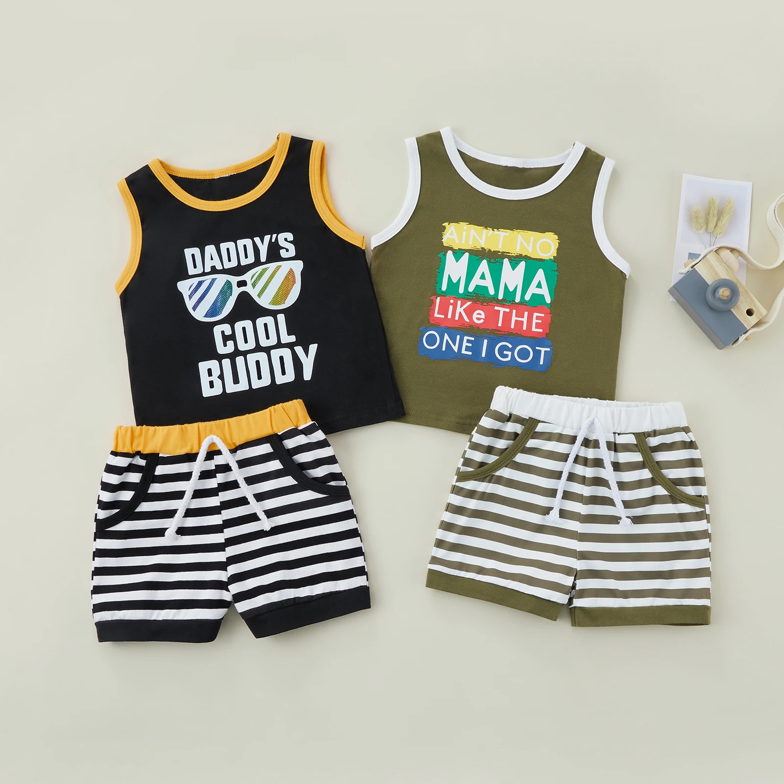 

2022-04-06 Lioraitiin 0-4Years Toddler Baby Boy Girl 2Pcs Summer Clothing Sleeveless Letter Printed Vest Top Striped Shorts