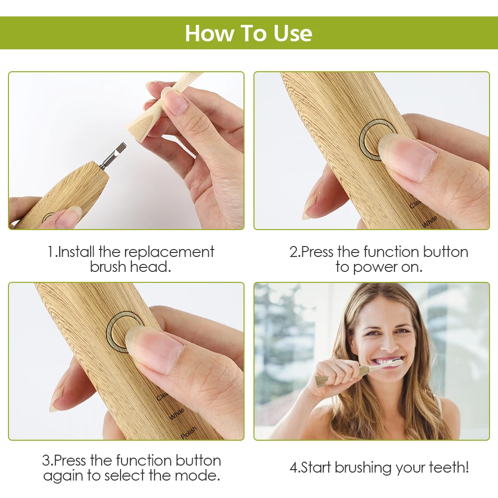 Bamboo Wood Material Electric Toothbrush Natural Environmental Friendly Reuse Intelligent Chargeable Teeth Clean Brushes enlarge