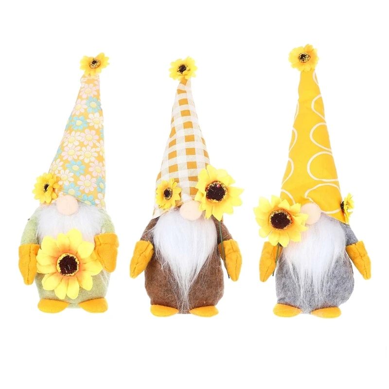 

3 Pieces Sunflower Gnome Spring Summer Garden Elf Home Farmhouse Kitchen Decor Tiered Tray Rustic Swedish Doll Ornaments