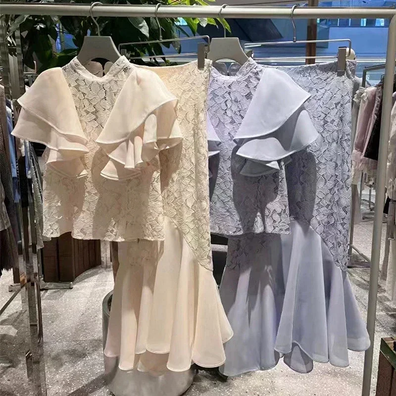 Kuzuwata 2024 Spring Sweet Lady Conjuntos De Falda Кружевной топ с рюшами + юбка средней длины русалки