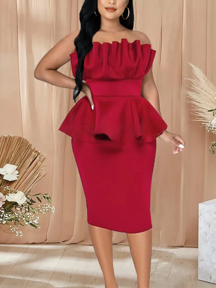 

Women Party Bodycon Tube Tops Dress Sexy Peplum Backless Slim Pleated Slim Spring Celebrate Evening Occasion Elegant Gowns 2022